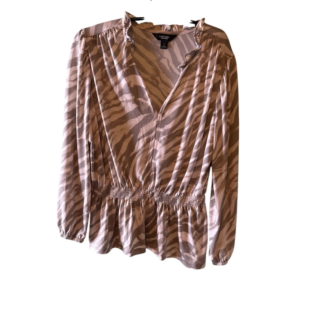 Simply Vera Verawang Top Womens Sz Small Elastic Waist Gray Zebra Print Blouse